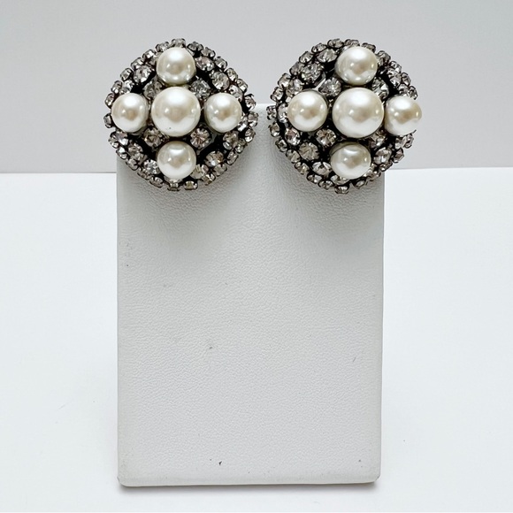 Lawrence VRBA Signed Faux Pearl Rhinestone Statement Clip On Earrings - Picture 3 of 9
